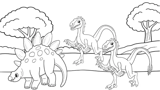 Velociraptors Chasing Baby Stegosaurus Coloring Page Black & White