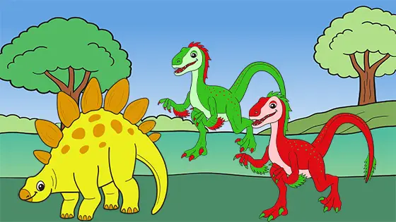 Velociraptors Chasing Baby Stegosaurus Coloring Page Color