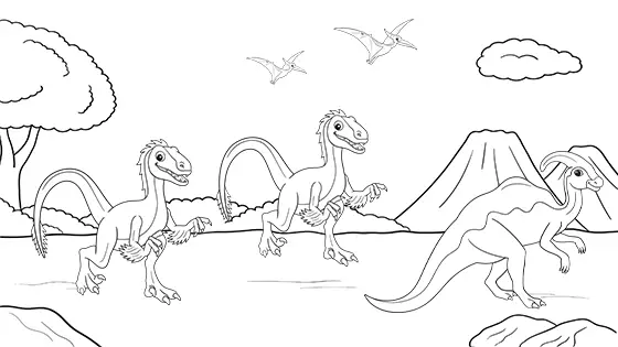 Baby Parasaurolophus Hunted By Velociraptors Coloring Page Black & White