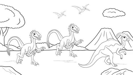 Velociraptors Hunting Baby Parasaurolophus Coloring Page Black & White