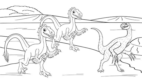 Velociraptors Hunting Baby Therizinosaurus Coloring Sheet Black & White