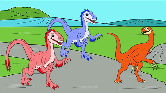 Baby Therizinosaurus Hunted By Velociraptors Coloring Sheet