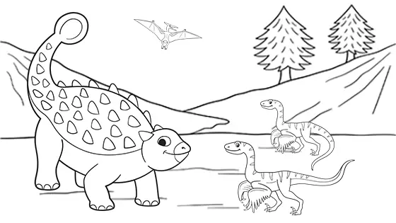 Ankylosaurus vs Velociraptors Coloring Page Black & White