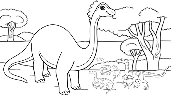 Diplodocus vs Velociraptors Coloring Page Black & White