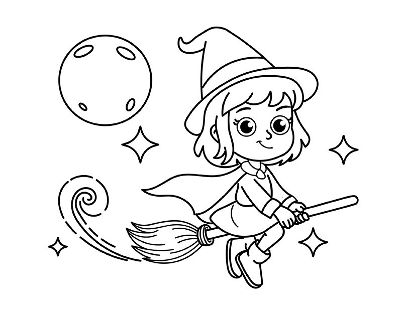 Witch Riding Broom Coloring Page