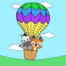 Zebra & Deer In A Hot Air Balloon Coloring Page